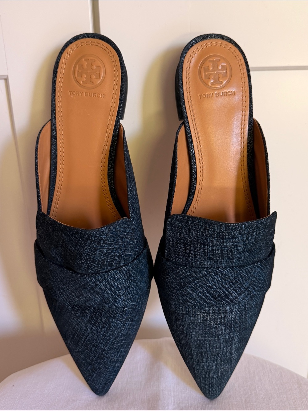 Tory Burch Pointed Denim-Textured Slip-On Mules in Dark Blue - Picture 2 of 9